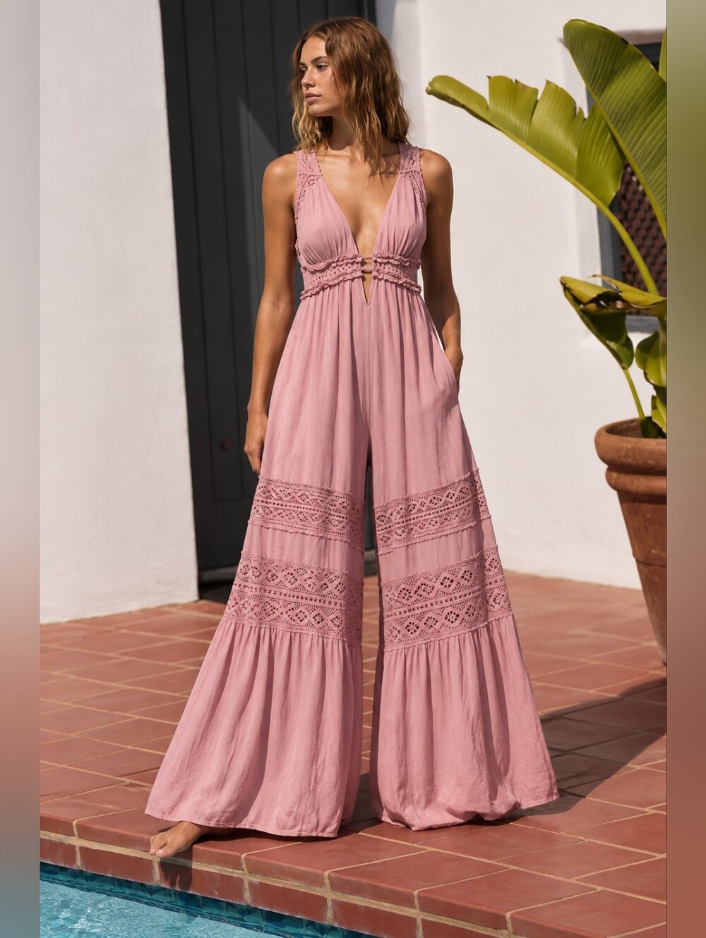Pink mauve crochet lace Free people Hadley maxi dress boho wide leg jumpsuit